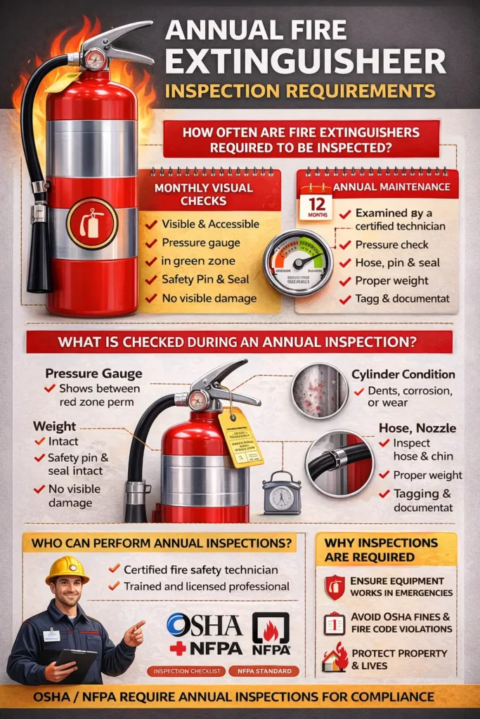 Annual fire extinguisher inspection requirements infographic showing checklist, frequency, OSHA and NFPA compliance